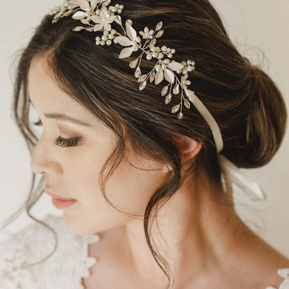 Handmade Rhinestone Flower Leaf Bridal Headpiece for Wedding Pearl Hair Accessor main image 5